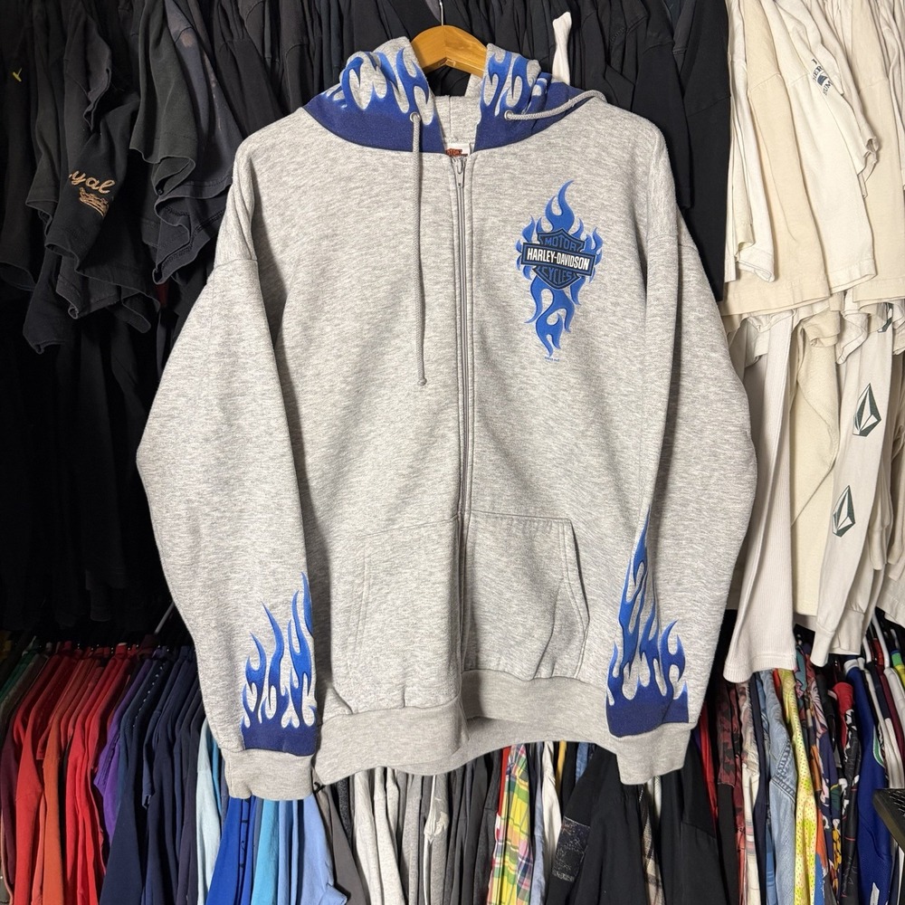 Harley Davidson Blue Flame Hoodie Men's Large Grey Vintage 00s Zip Up Biker Y2K